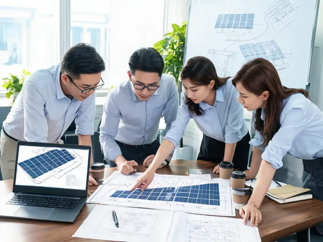 Solar project support team reviewing plans